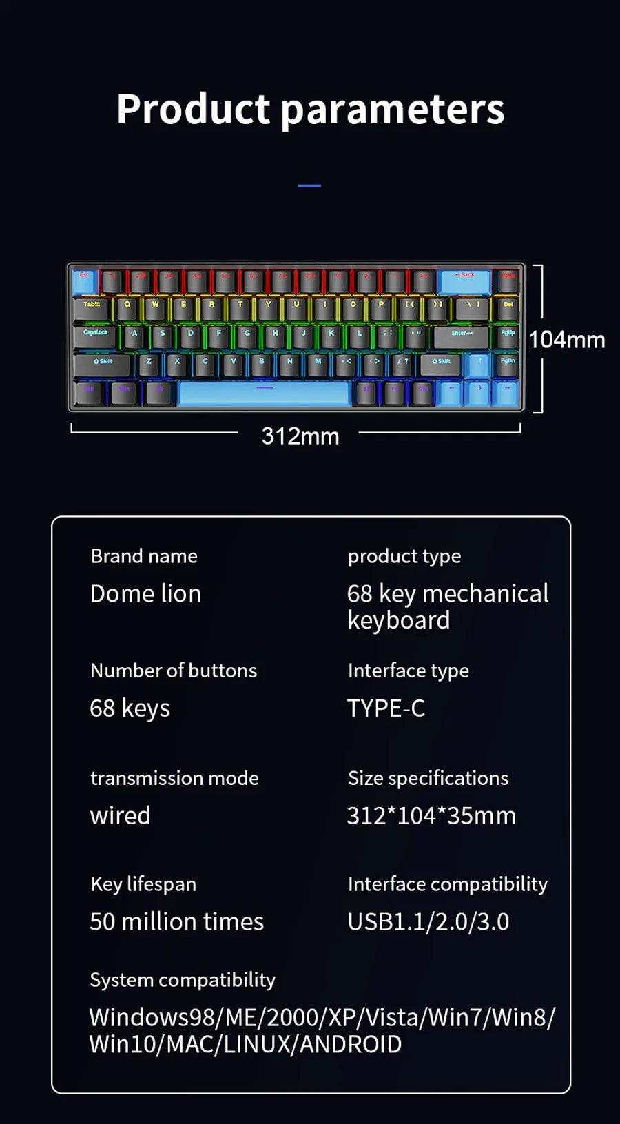 TECLADO MECÂNICO K68 RGB COM FIO